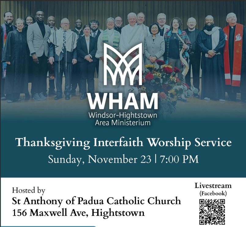 WHAM Interfaith Thanksgiving Service: Sunday, November 23, 7:00 PM at St. Anthony’s in Hightstown